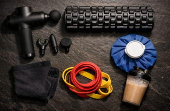 Massage gun, foam roller, ice pack, compression sleeve, resistance band, and protein shake on dark slate surface