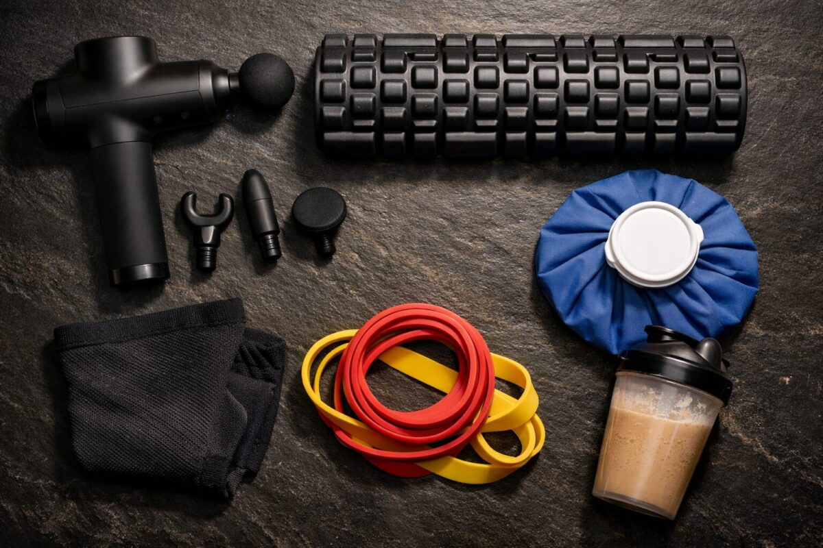 Massage gun, foam roller, ice pack, compression sleeve, resistance band, and protein shake on dark slate surface