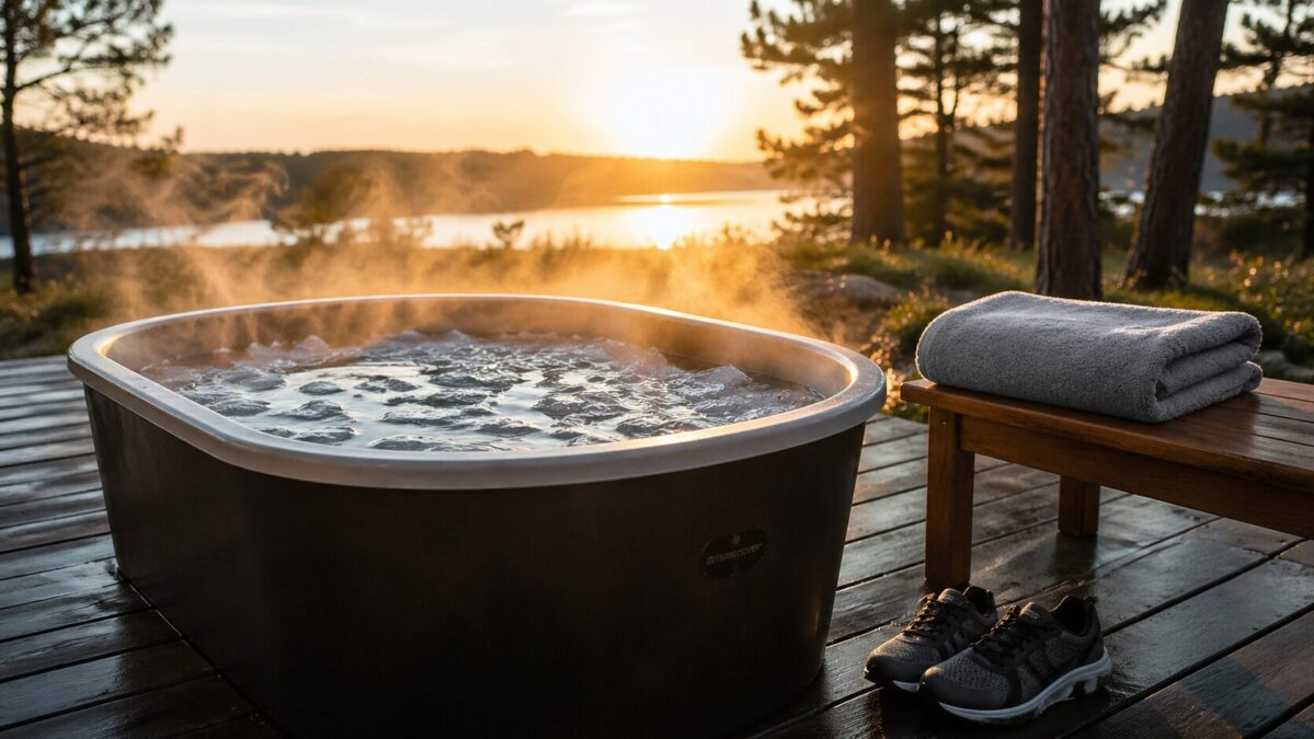 Outdoor ice bath tub on a wooden patio at sunrise with steam rising from cold water