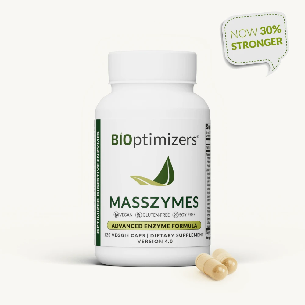 BIOptimizers MassZymes digestive enzyme supplement bottle with 120 capsules
