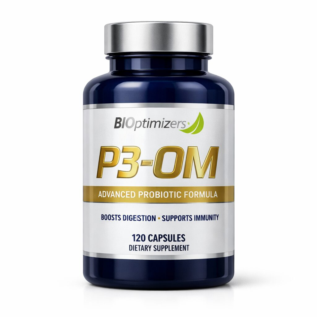 BIOptimizers P3-OM probiotic supplement bottle with 120 capsules