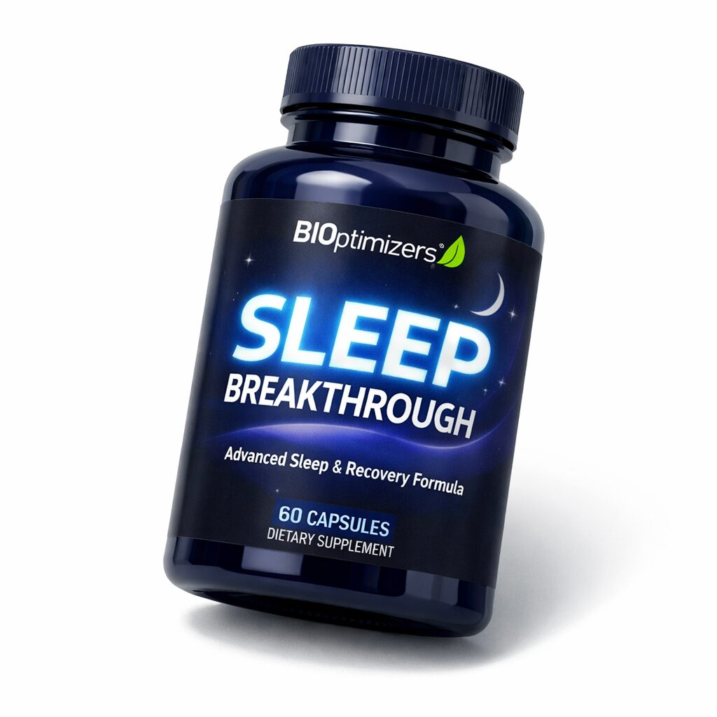BIOptimizers Sleep Breakthrough supplement bottle with dark blue label on white background