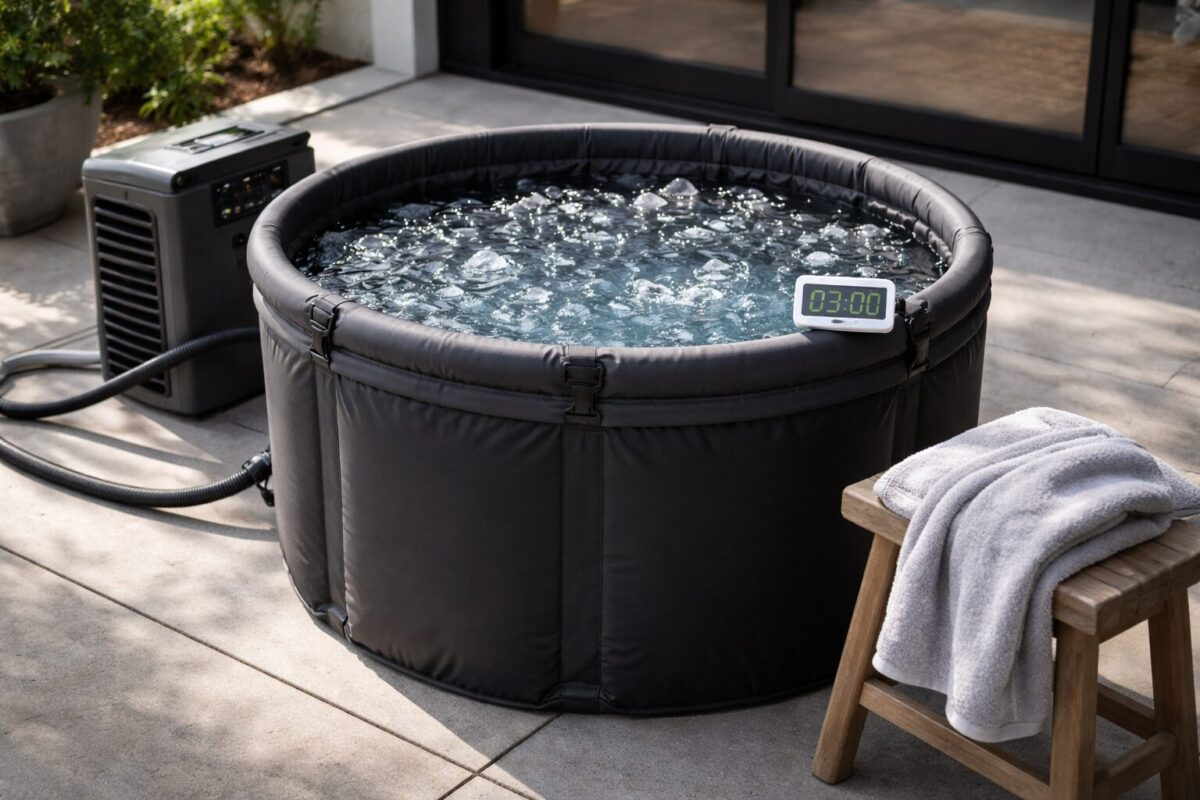 Portable cold plunge tub filled with ice water on a patio with towel and timer nearby
