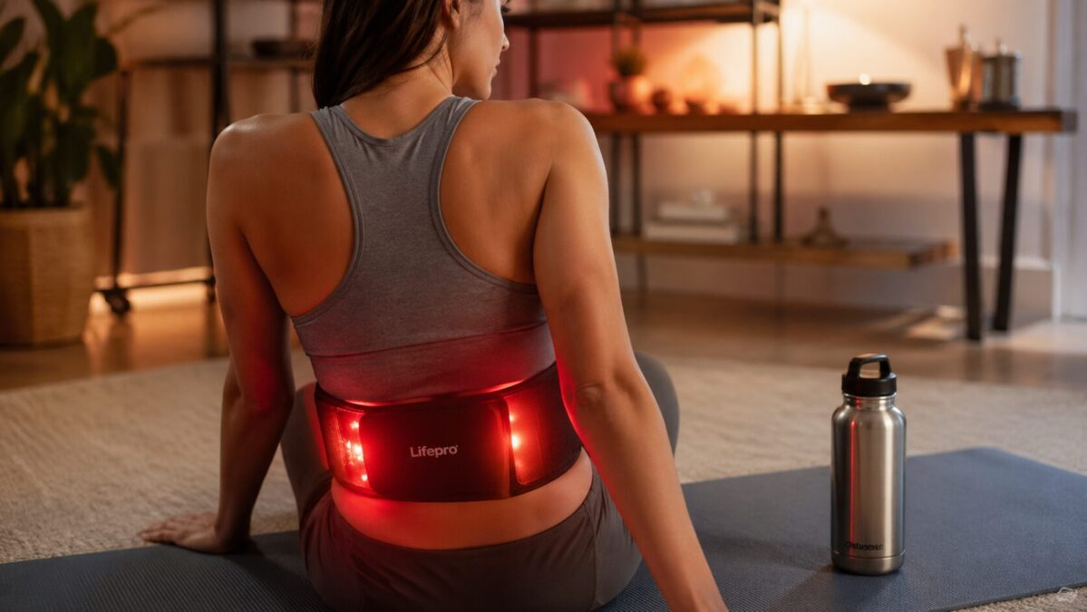 Red light therapy belt with glowing red panels worn around lower back in home wellness room