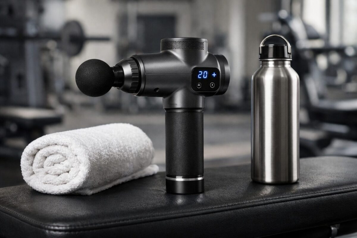 Hypervolt-style percussive massage gun on a gym bench with towel and water bottle