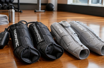 Two pairs of leg compression boots side by side on a hardwood gym floor with towel and water bottle