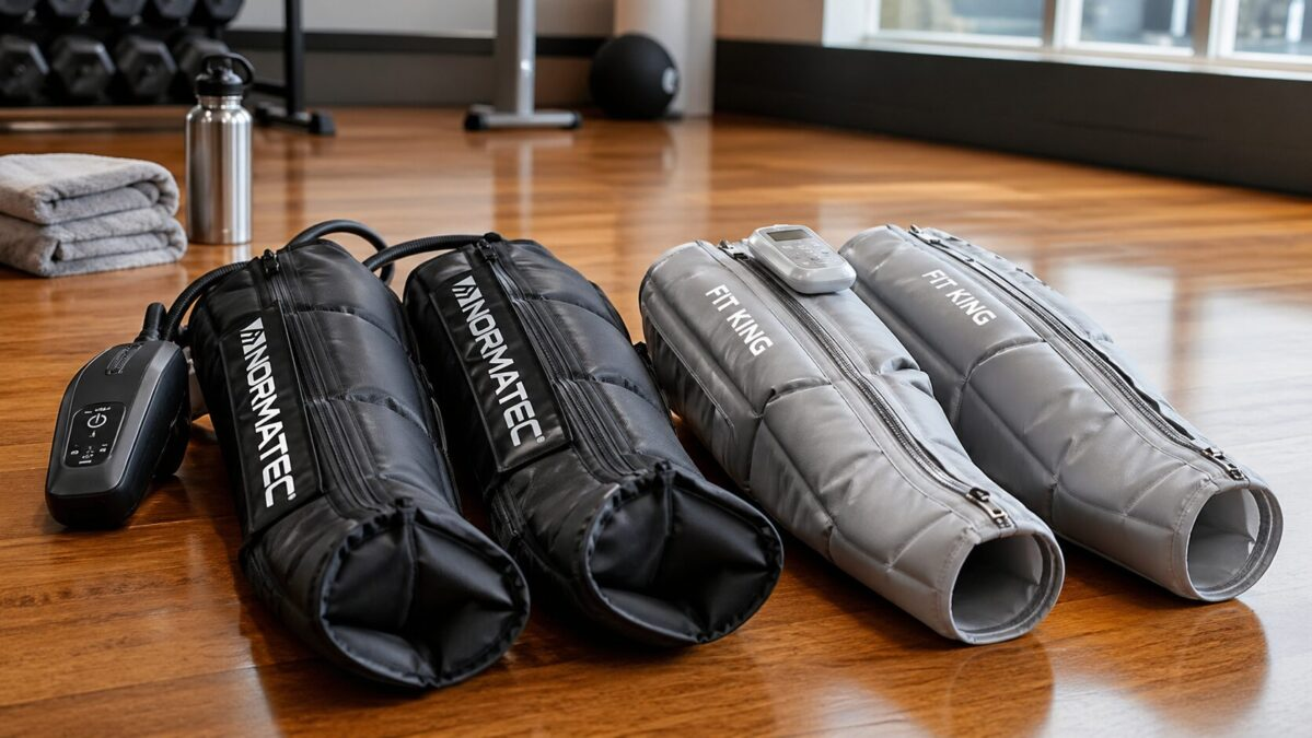 Two pairs of leg compression boots side by side on a hardwood gym floor with towel and water bottle
