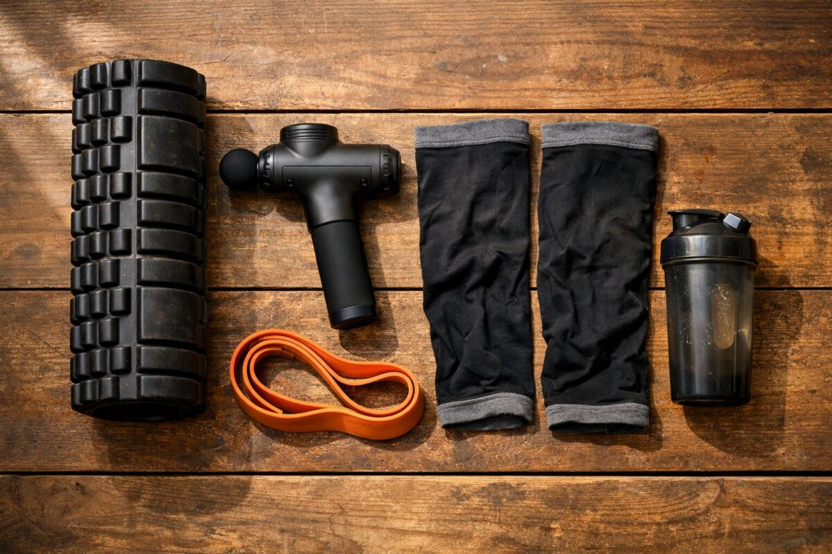 Recovery gear spread on wooden floor including foam roller massage gun compression sleeves resistance band and protein shaker