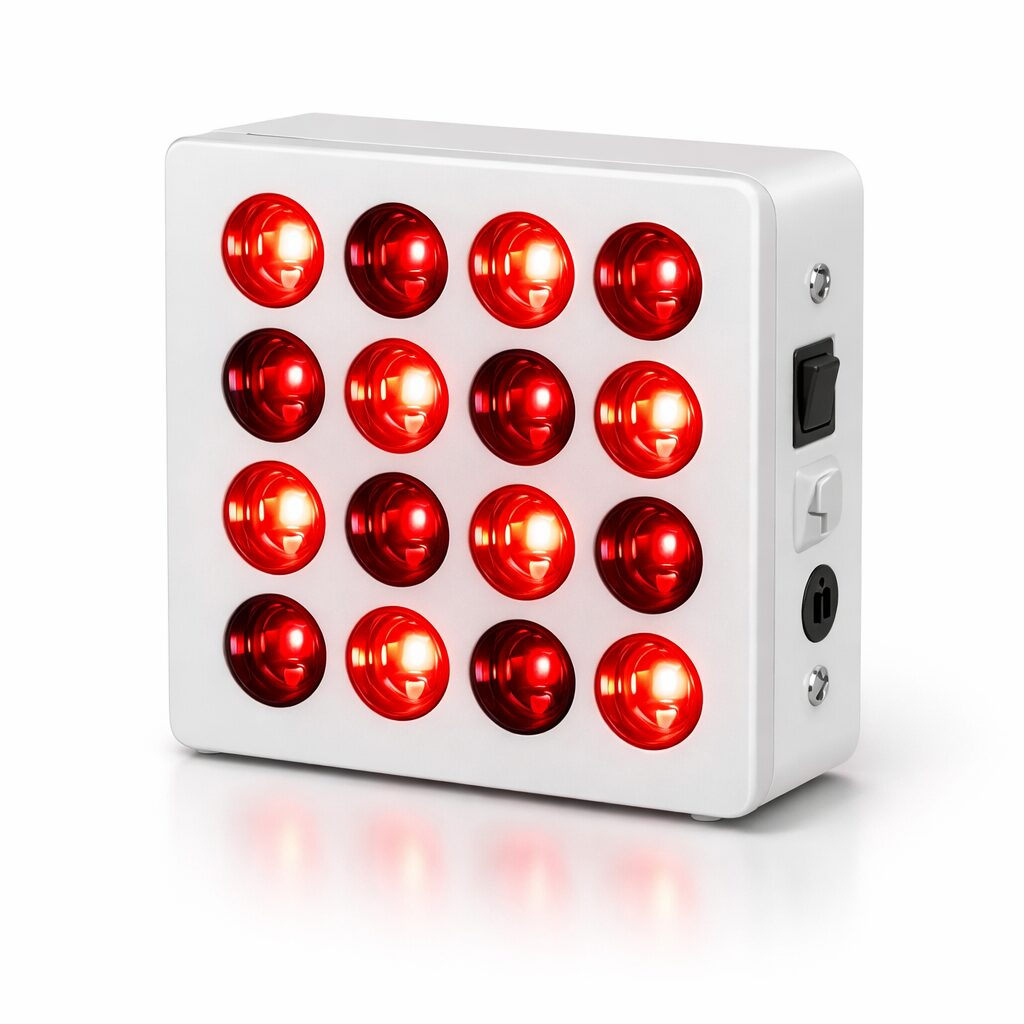 Red light therapy panel with 16 LEDs in a 4x4 grid emitting deep red glow