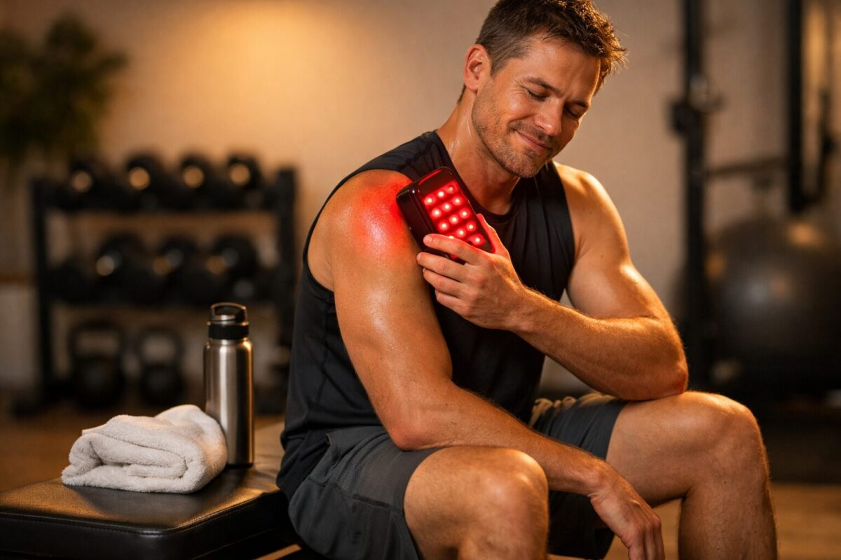 Person using red light therapy panel on shoulder in home gym with water bottle and towel nearby