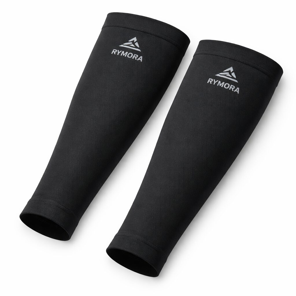 Rymora calf compression sleeves in black laid flat on white background