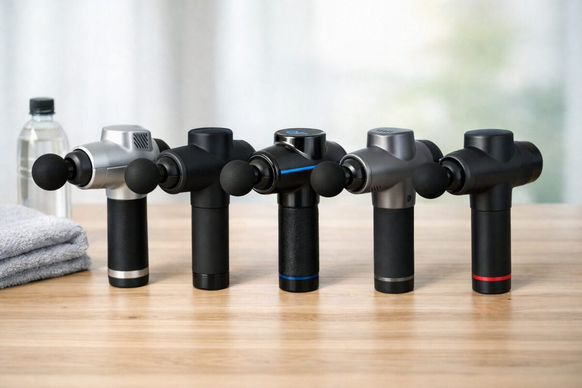 Five percussive massage guns arranged in a row on a wood surface