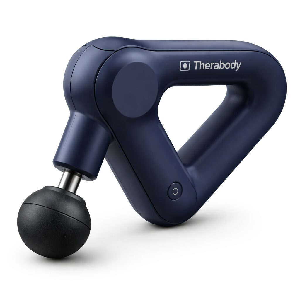 TheraGun Relief percussion massage gun in navy blue