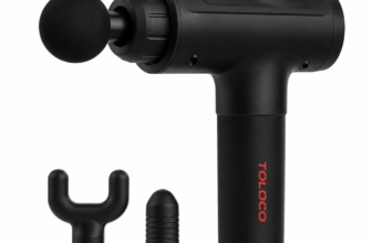 TOLOCO matte black deep tissue massage gun with attachments on white background