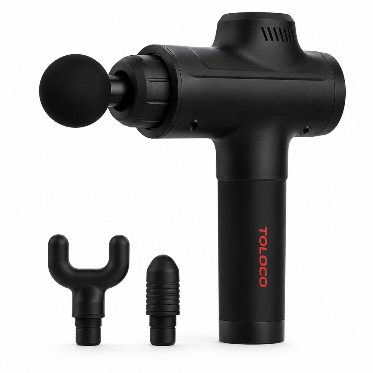 TOLOCO matte black deep tissue massage gun with attachments on white background