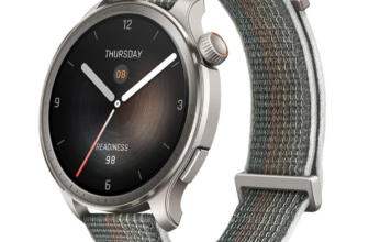 Amazfit Balance smartwatch side view in titanium with black sport band