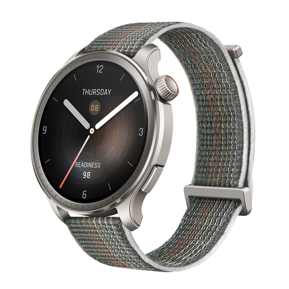 Amazfit Balance smartwatch side view in titanium with black sport band