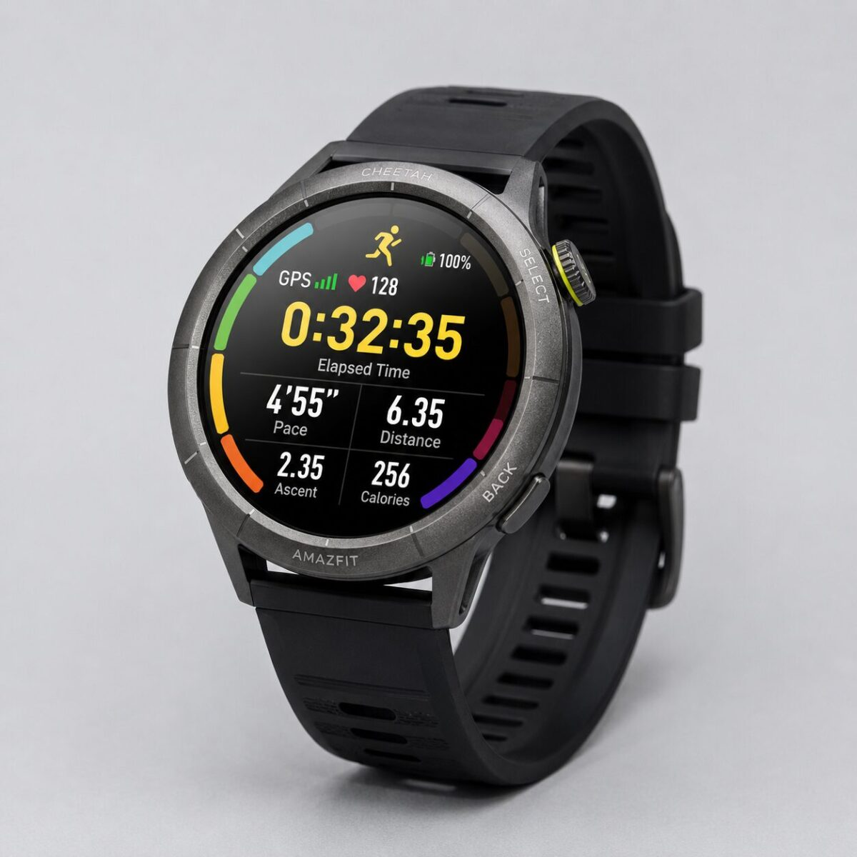 Amazfit Cheetah Pro GPS running smartwatch with AMOLED display showing workout interface