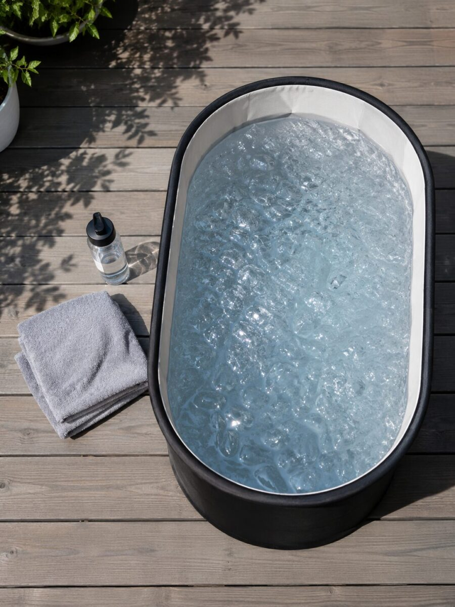 Portable cold plunge tub filled with ice water on wooden patio deck
