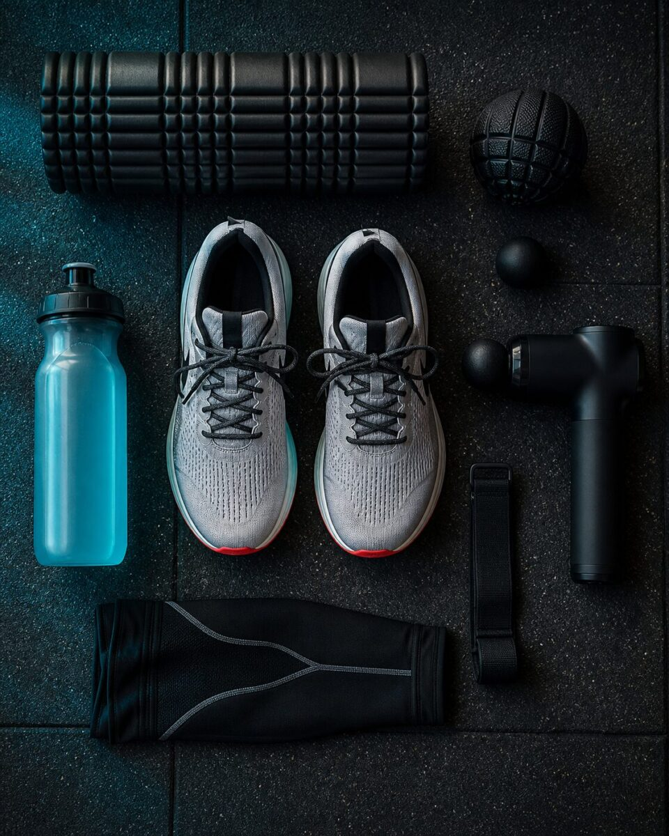 Running shoes with foam roller, massage gun, compression sleeve and electrolyte bottle in flat lay on dark gym floor