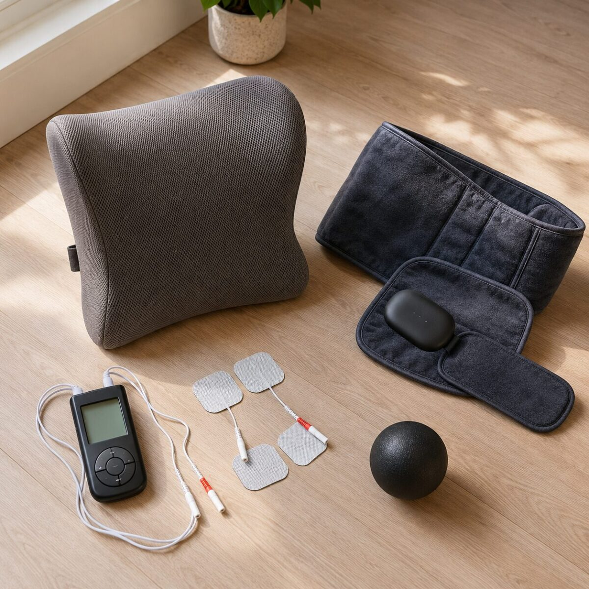 recovery tools for sciatica including TENS unit heating pad massage ball and lumbar cushion
