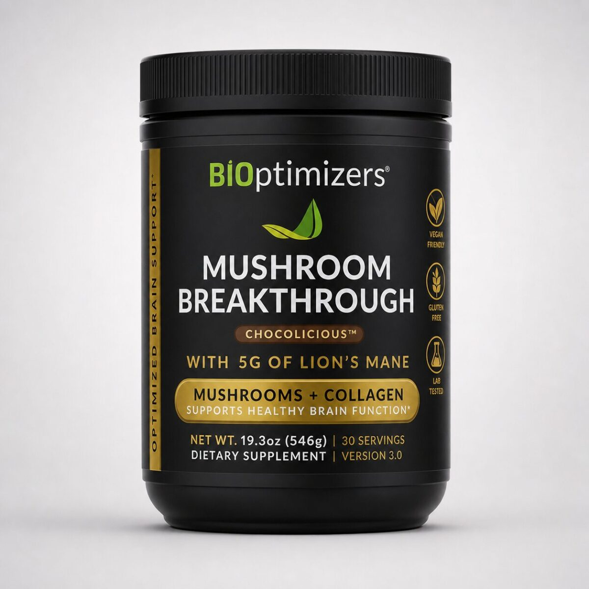 BIOptimizers Mushroom Breakthrough cacao-mushroom recovery supplement canister