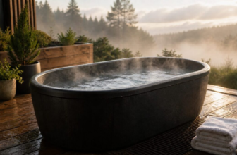 Cold plunge tub on backyard wooden deck with steam rising on misty morning