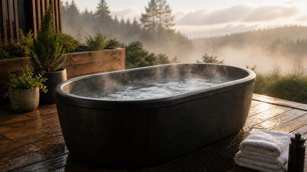Cold plunge tub on backyard wooden deck with steam rising on misty morning