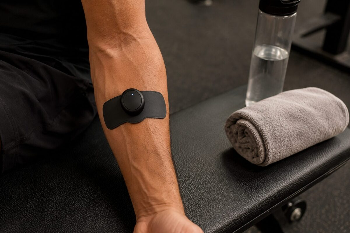 Wireless EMS muscle stimulator electrode pad on forearm at gym bench with towel and water bottle
