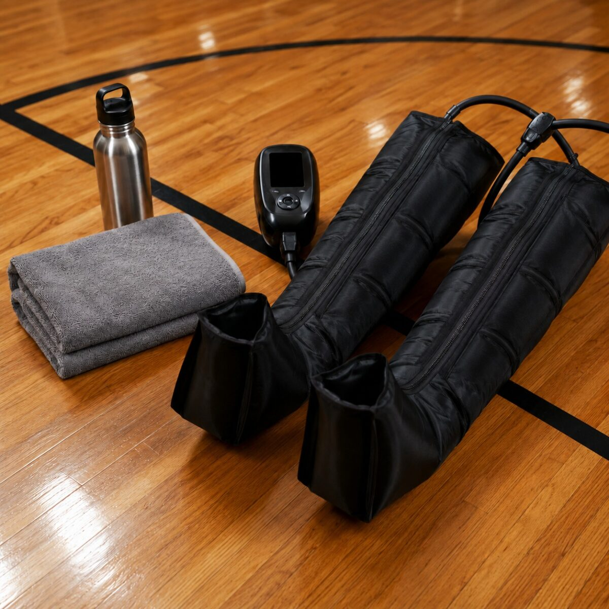 Pneumatic compression recovery boots on a wood gym floor next to a folded towel and stainless water bottle