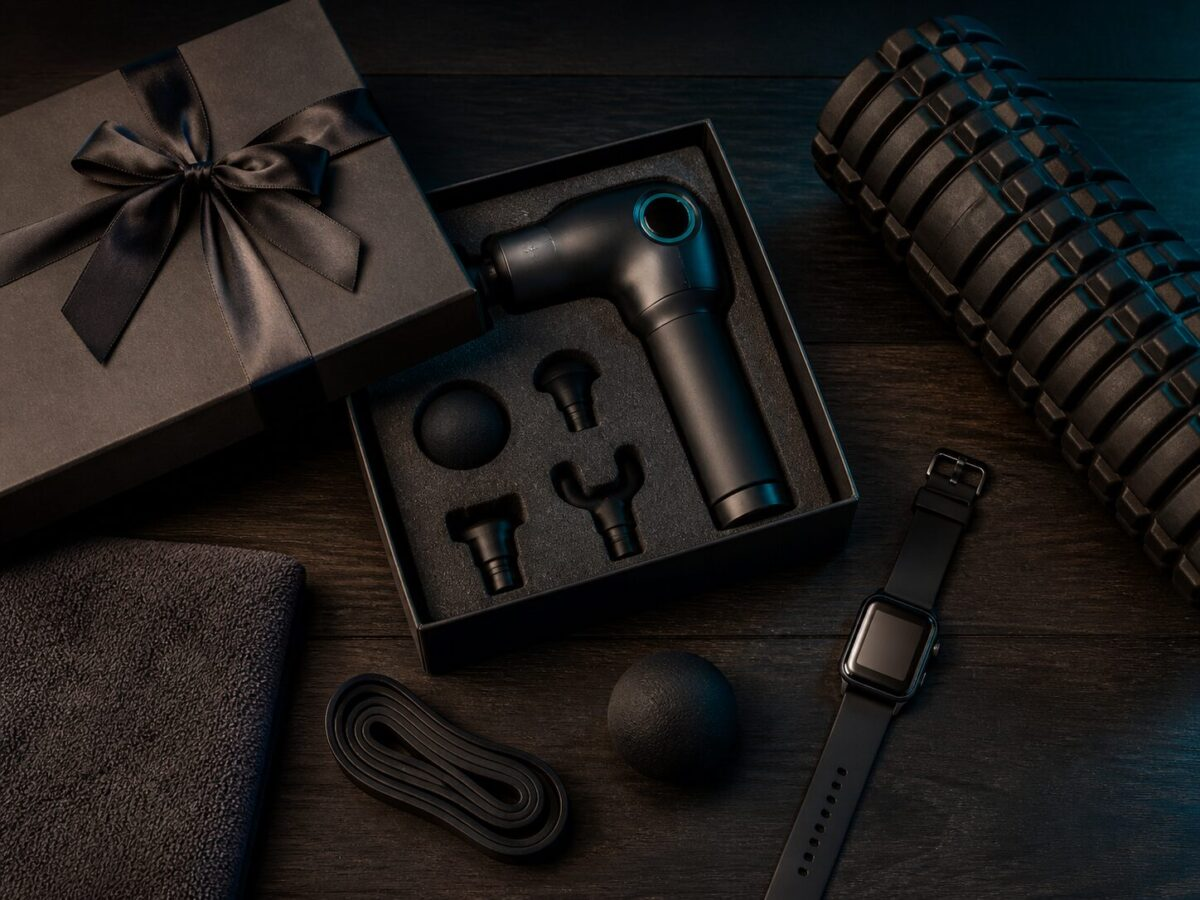 Father's Day gift box with massage gun, foam roller, smartwatch and recovery items on dark wood surface