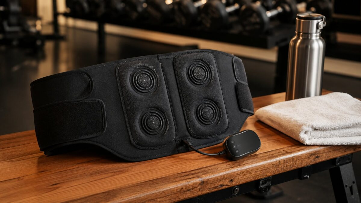 Hyperice Venom 2 Back wrap on a wooden gym bench with towel and water bottle nearby