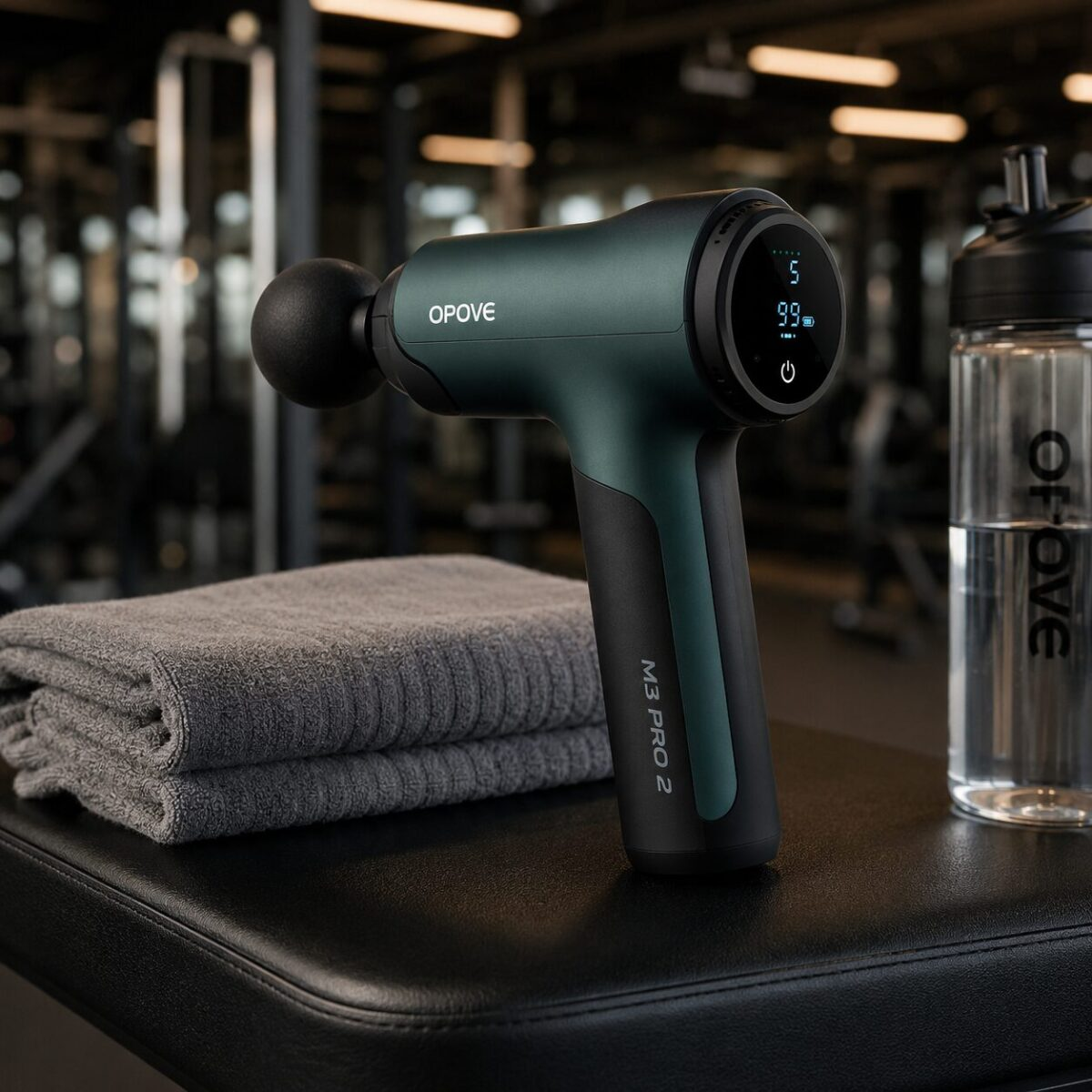 Opove M3 Pro 2 massage gun in black on gym bench with towel and water bottle