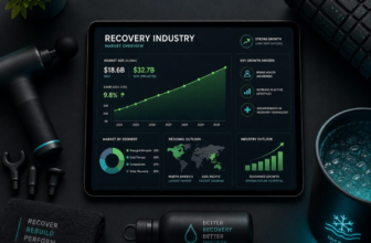 Tablet showing recovery industry growth chart with rising line graphs surrounded by recovery items on dark surface