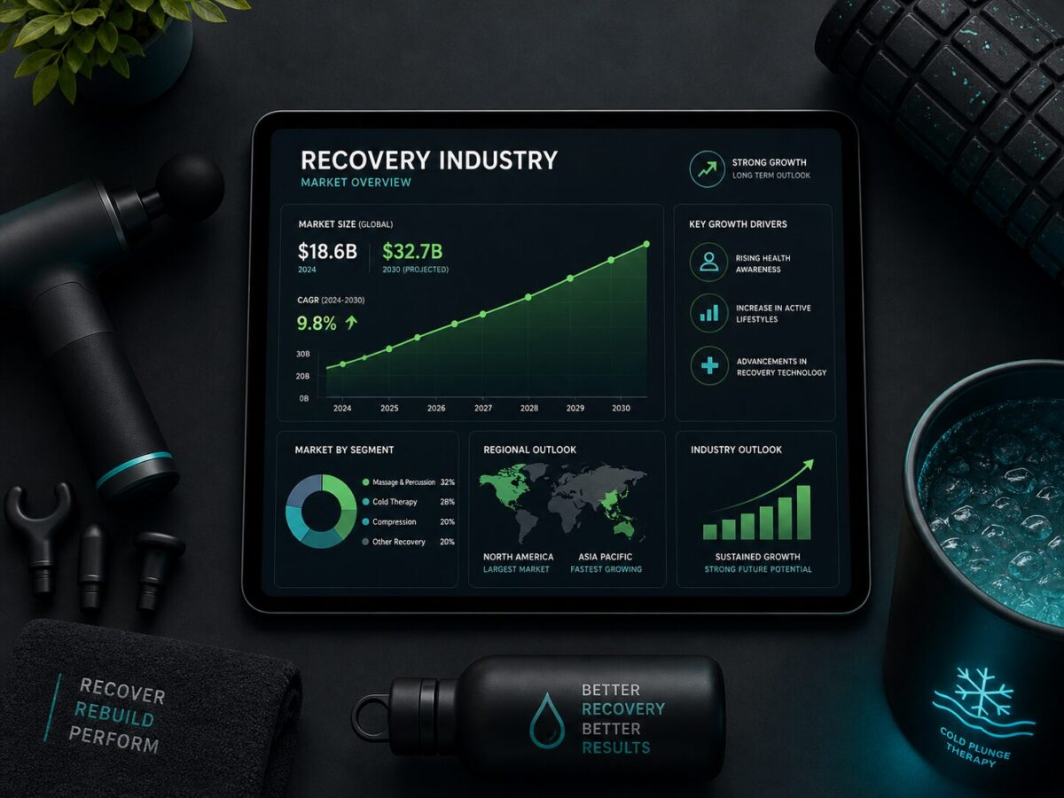 Tablet showing recovery industry growth chart with rising line graphs surrounded by recovery items on dark surface