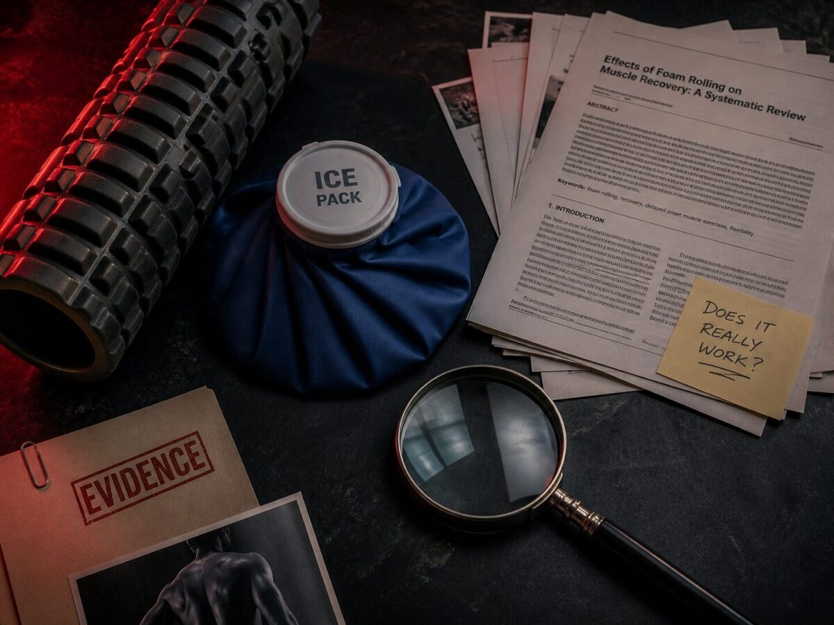 Foam roller and ice pack with magnifying glass and research papers under moody lighting representing recovery myth investigation