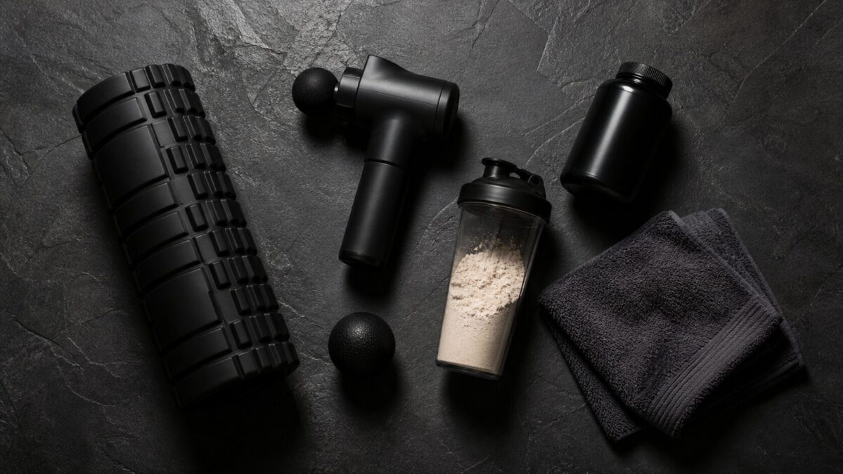 Recovery gear flatlay including foam roller massage gun lacrosse ball and supplements on slate gym floor