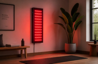 Red light therapy panel mounted on wellness room wall glowing with deep red light