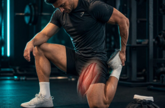 Person stretching sore quad in gym setting with subtle muscle fiber overlay representing DOMS science