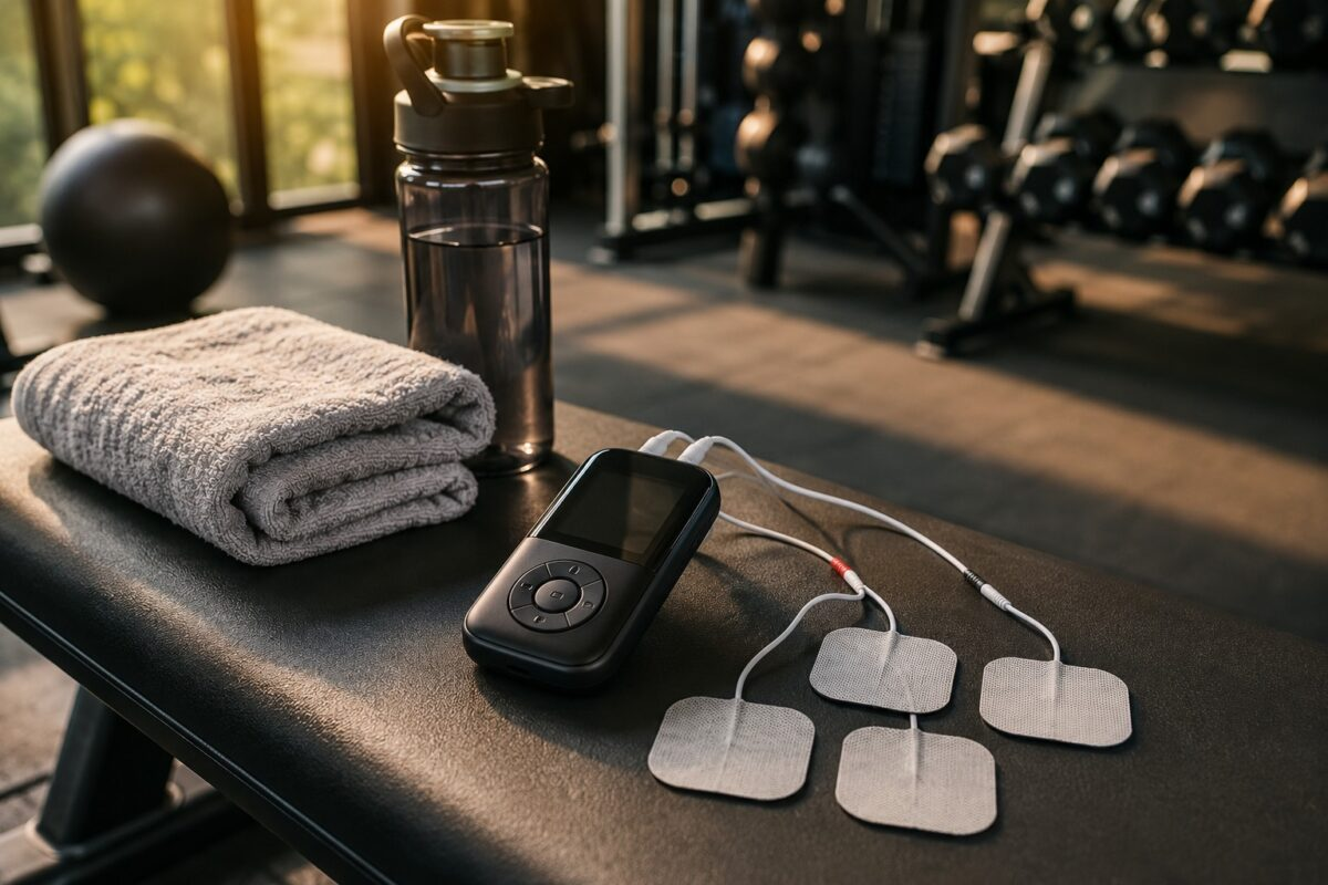 TENS unit with electrode pads on a gym bench next to a towel and water bottle