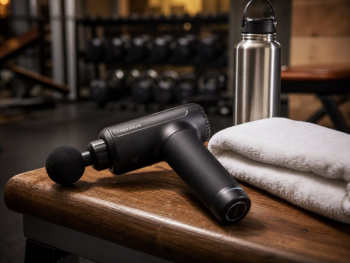 Theragun Pro 5th Gen on a gym bench with towel and water bottle