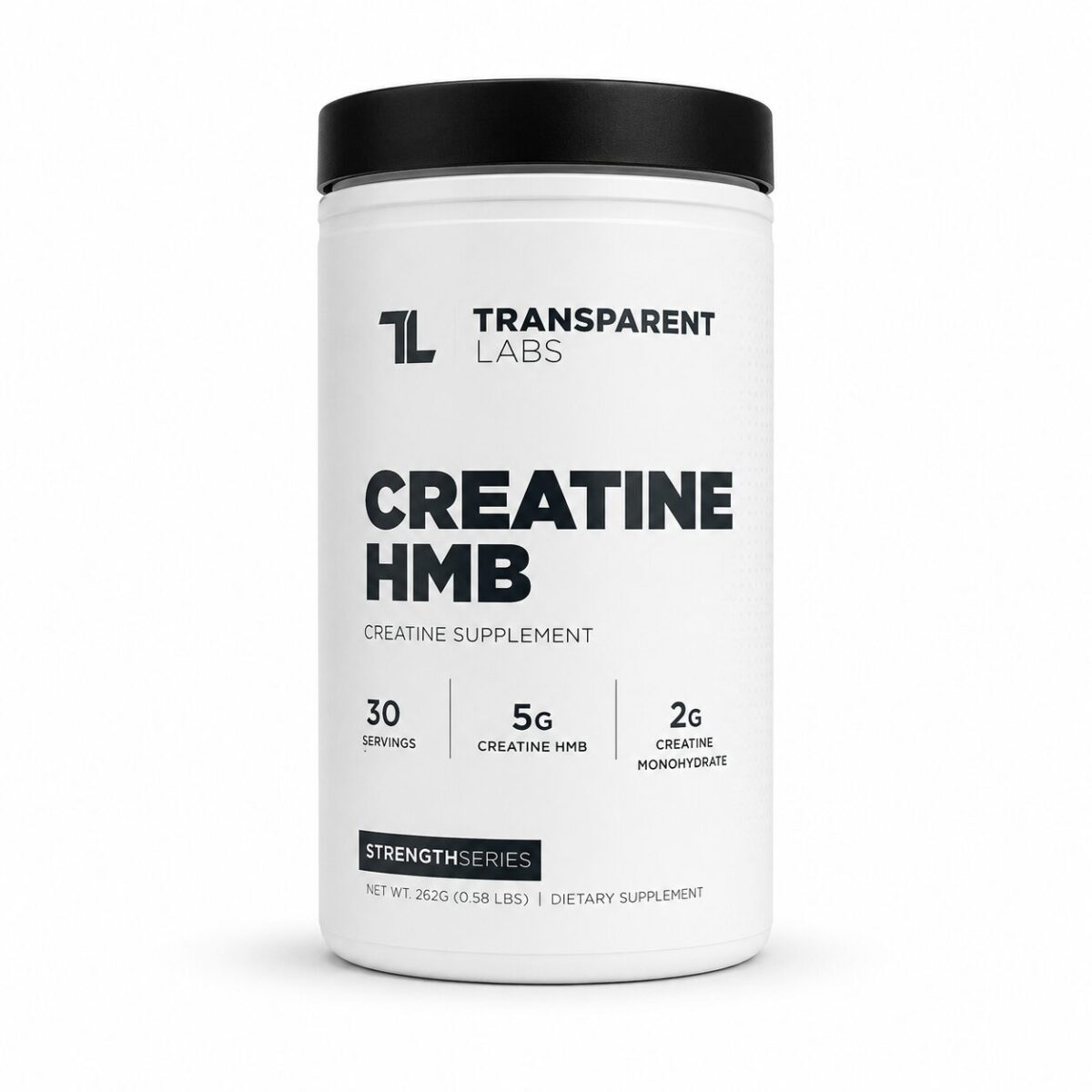 Transparent Labs Creatine HMB supplement tub on white background