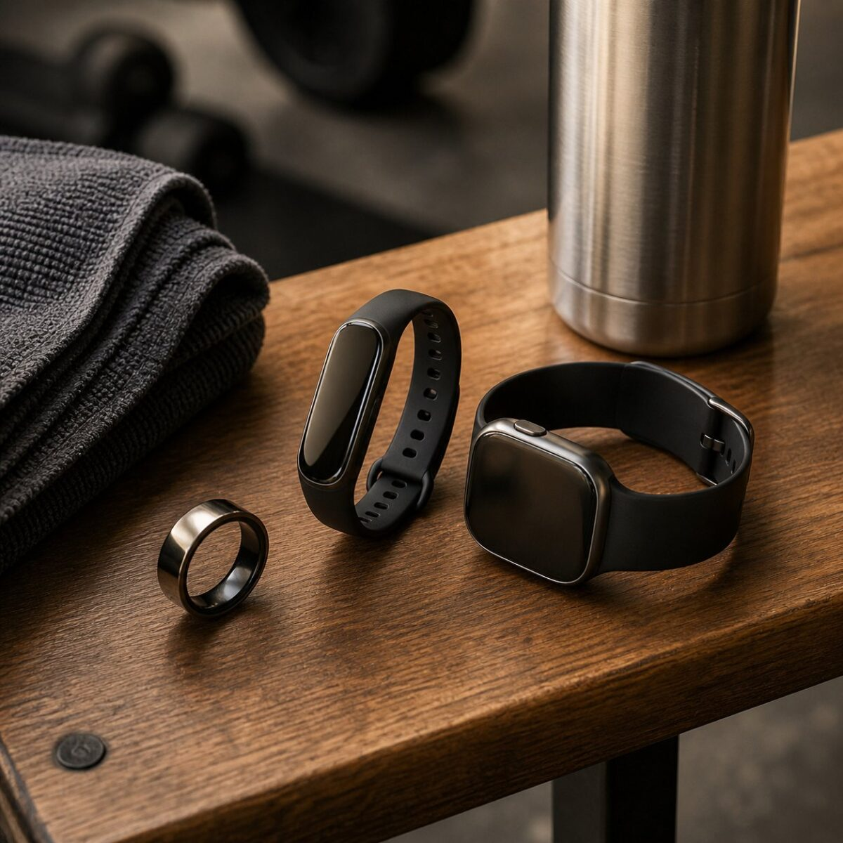Smart ring fitness band and recovery smartwatch on a wooden gym bench with towel and water bottle