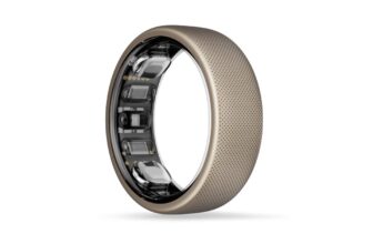 Amazfit Helio Ring titanium smart ring on light gray surface