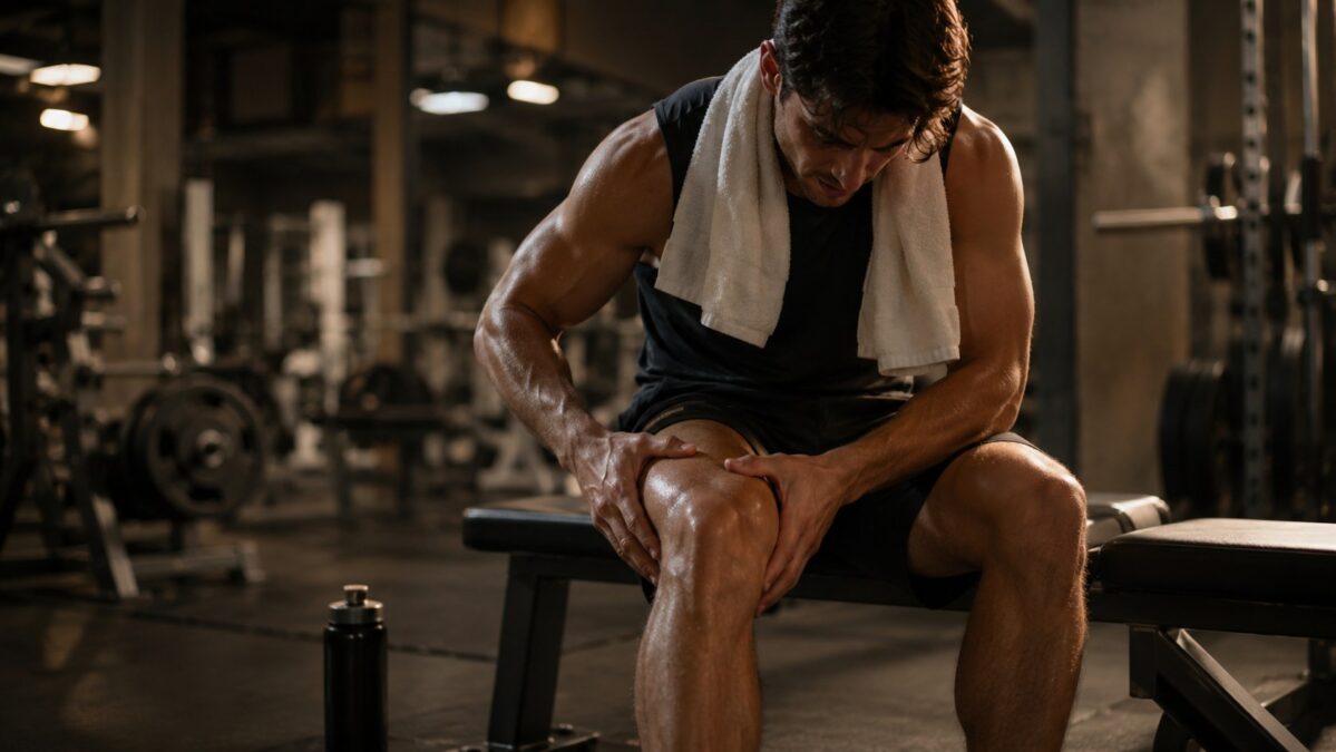 Athlete on a gym bench kneading a sore quad muscle after a workout