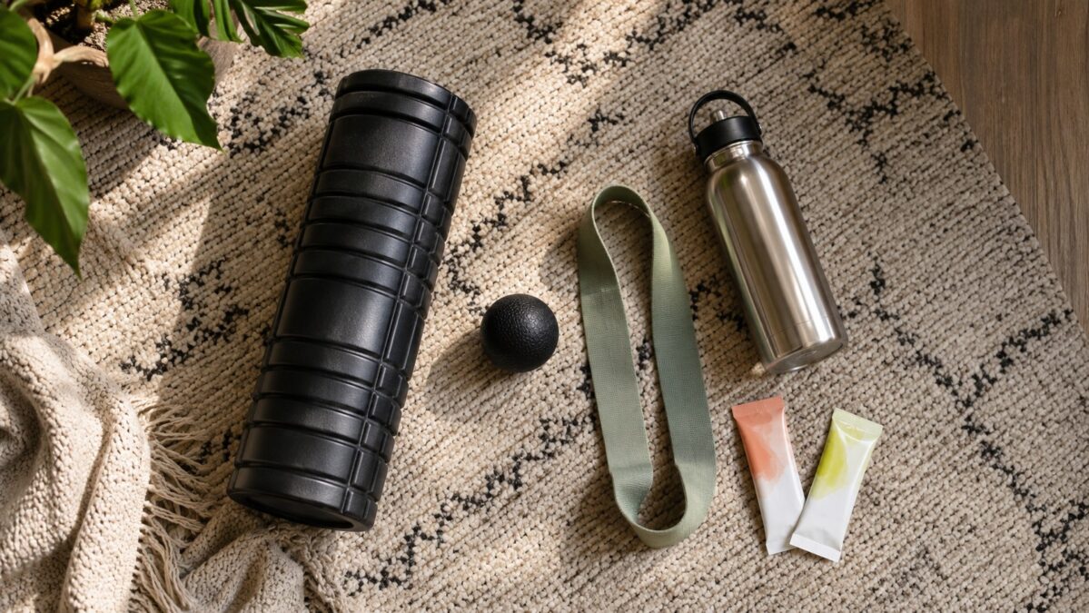 Foam roller, lacrosse ball, resistance band, water bottle and electrolyte packets laid out on a rug