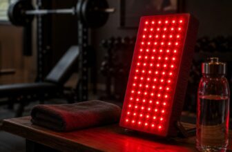 Red light therapy panel glowing red on a stand in a home gym next to a bench