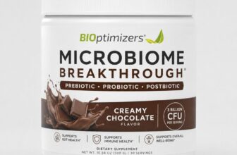 BIOptimizers Microbiome Breakthrough chocolate powder jar on gray surface