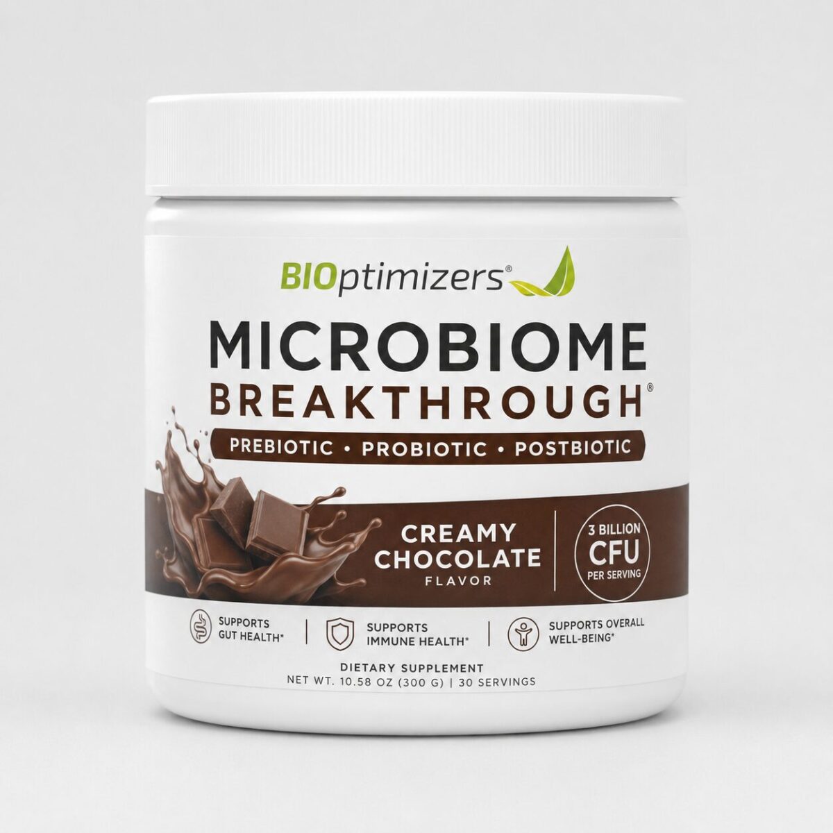 BIOptimizers Microbiome Breakthrough chocolate powder jar on gray surface