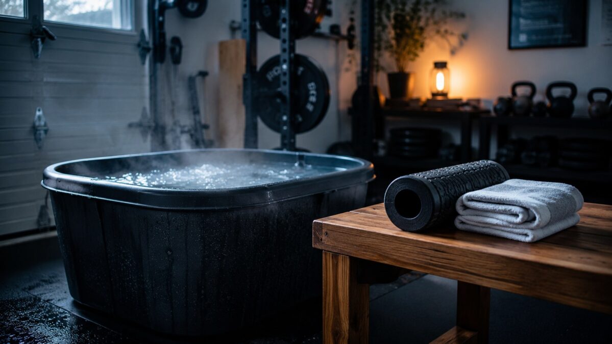 Ice bath tub with misty water next to a bench with foam roller and towel in a garage gym